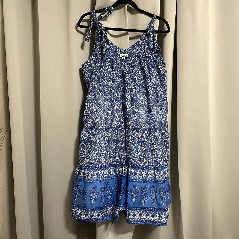 Karni Blue and White Floral Boho 100% Indian Cotton Dress